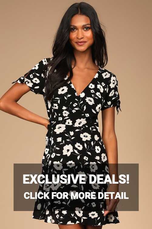 Black Floral Dress - Wrap Dress - Short Sleeve Dress - Lulus