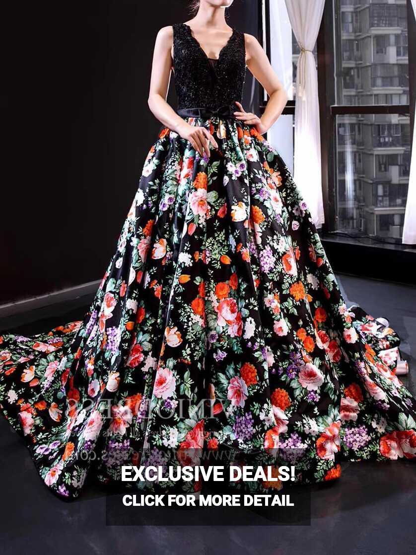 Black Floral Long Prom Dresses V Neck Beaded Princess Dress FD1158 ...