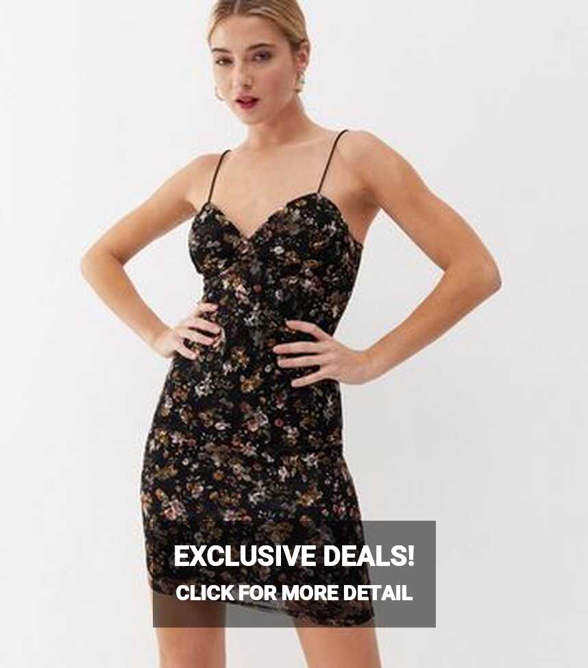 Black Floral Mesh Spaghetti Strap Mini Dress | New Look