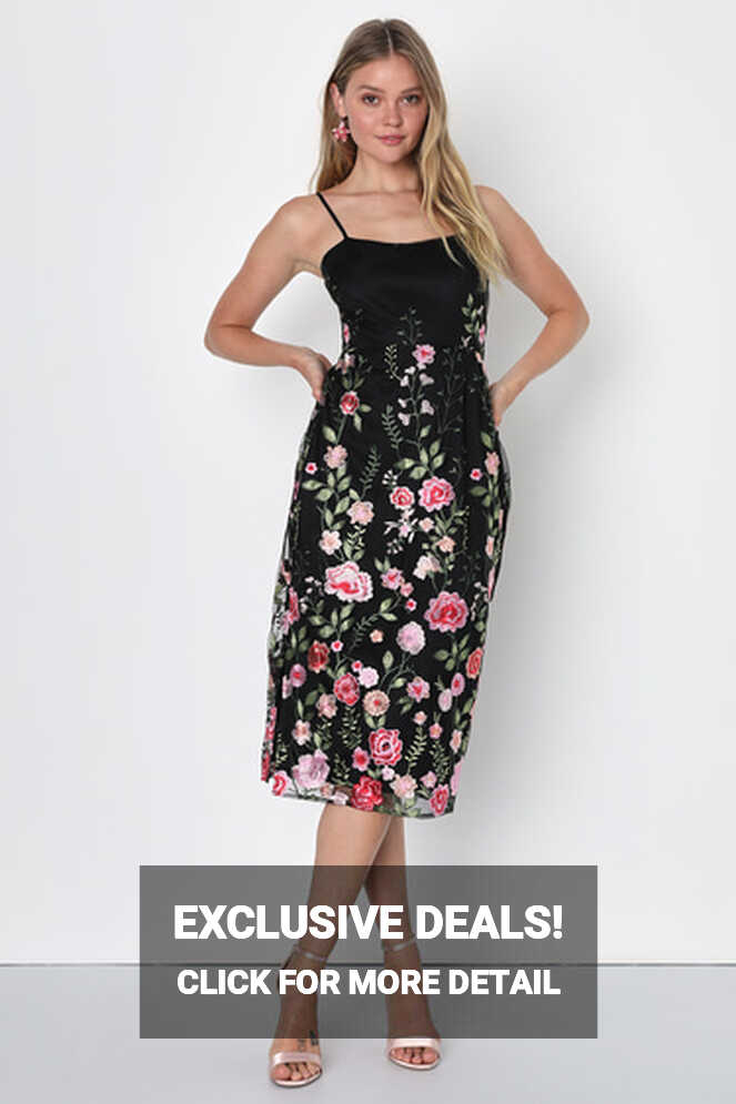 Black Floral Midi Dress - Embroidered Midi Dress - Floral Midi - Lulus