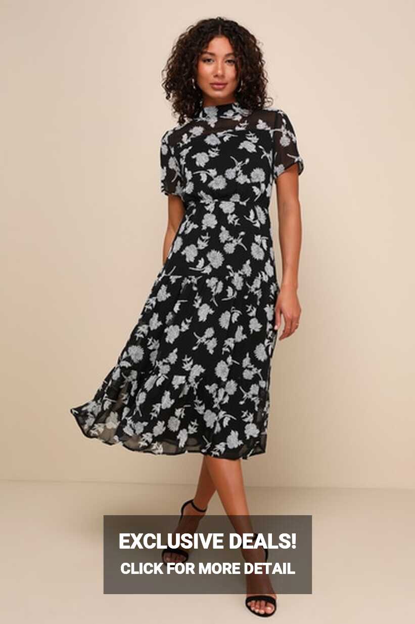 Black Floral Print Dress - Black Midi Dress - Short Sleeve Dress ...