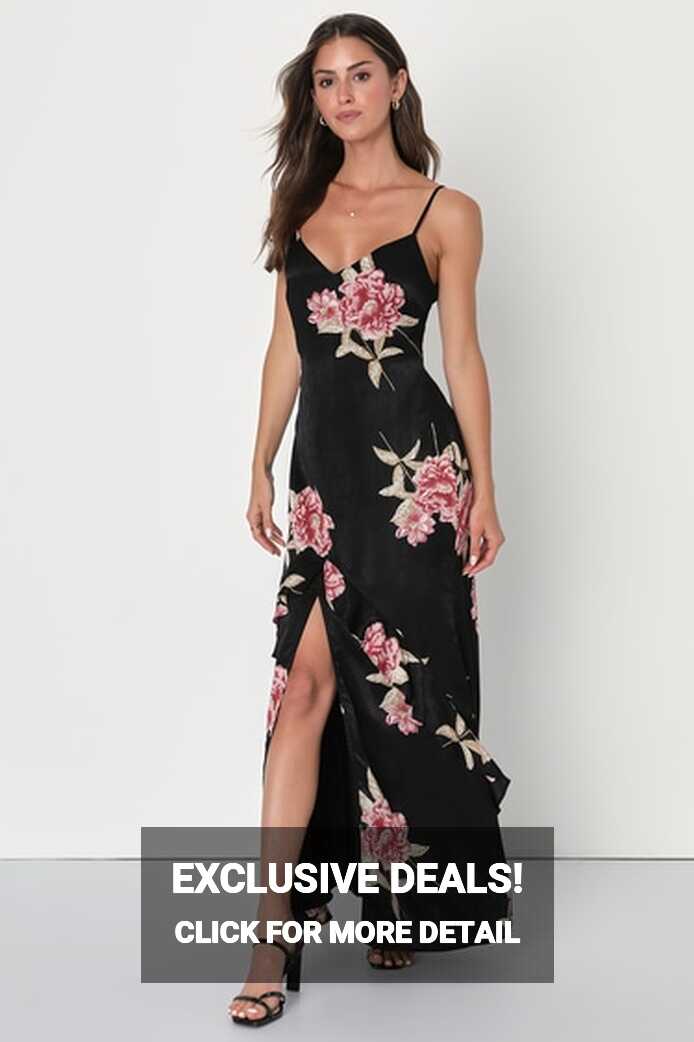 Black Floral Print Dress - Satin Maxi Dress - Satin Floral Dress ...