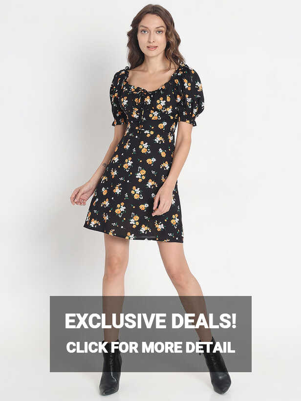 Black Floral Print Mini Dress