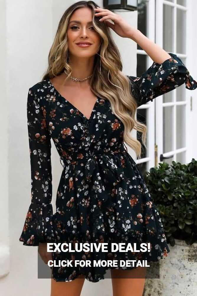 Black Floral Print Ruffles Wrap V Neck Long Sleeve Casual Dress