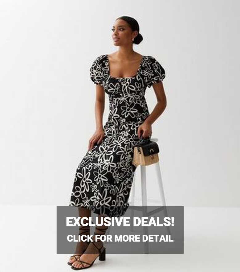 Black Floral Puff Sleeve Midi Dress | New Look