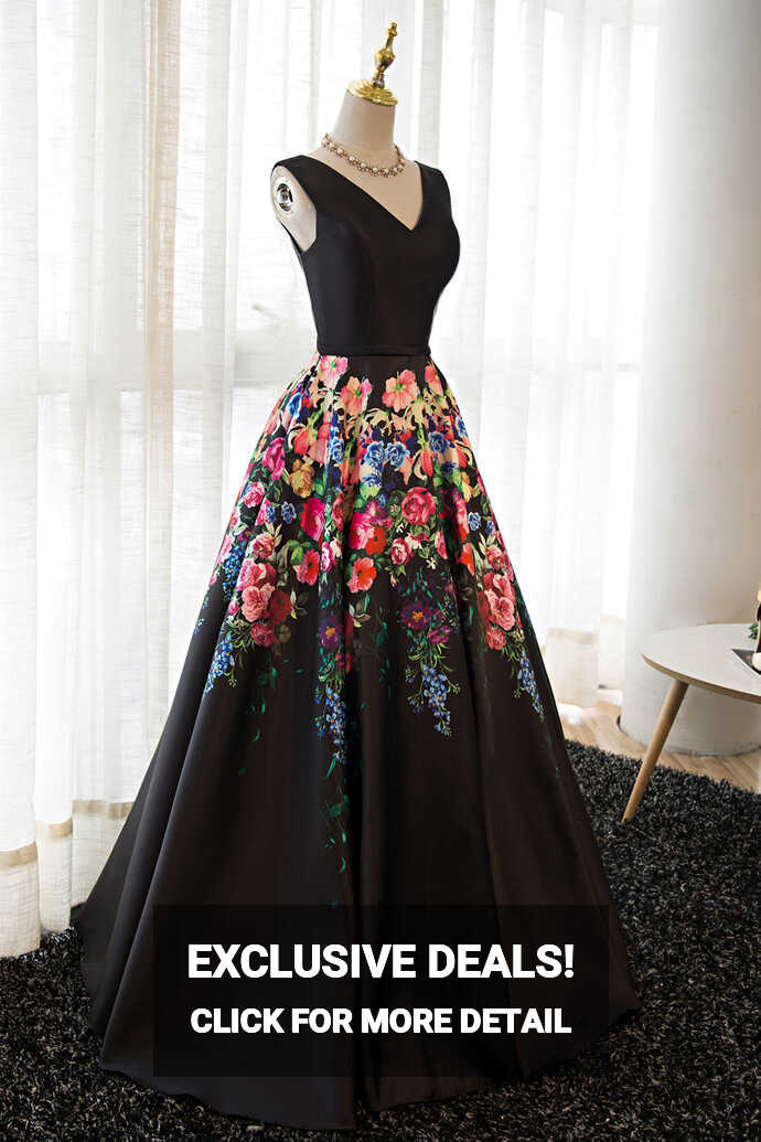 Black Floral Satin V-neckline Prom Dress, Charming Formal Gown ...