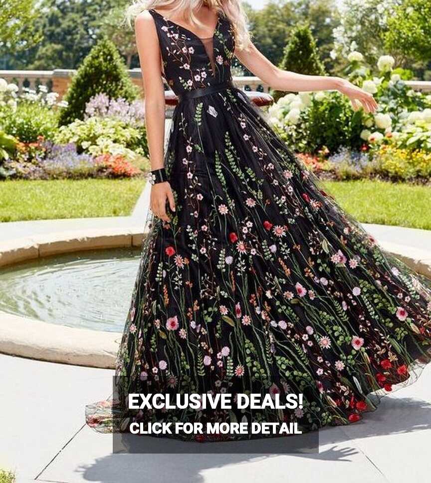 Black Flower Sleeveless Wedding Dress | Floral evening dresses ...