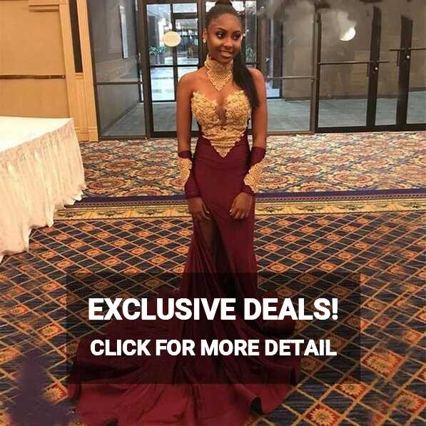 Black Girl Burgundy Long Sleeve Evening Dress Mermaid Prom Dresses ...