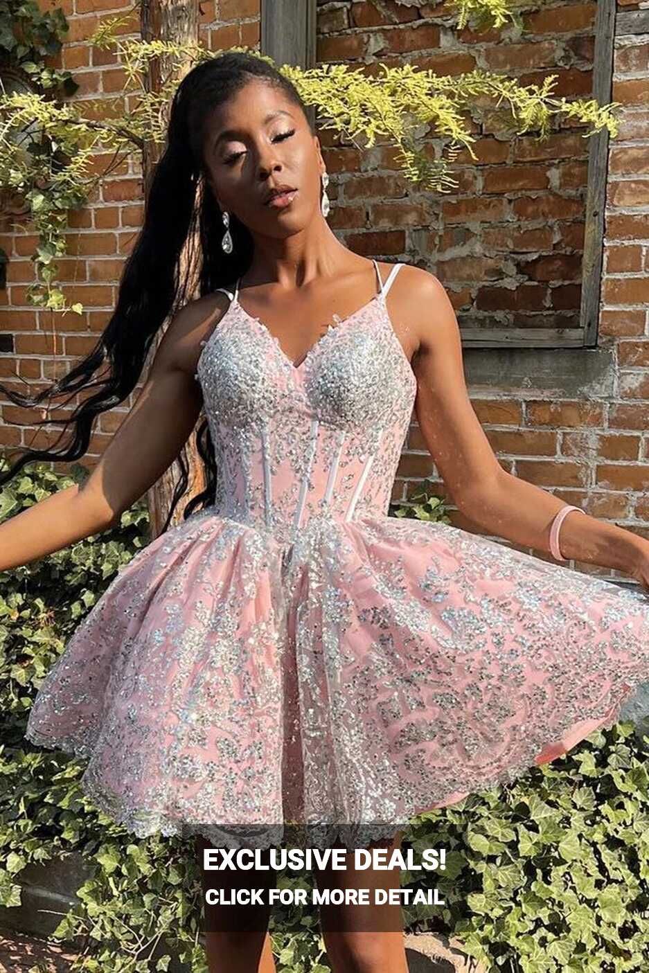 Black Girl Pink Homecoming Dress with Silver Lace