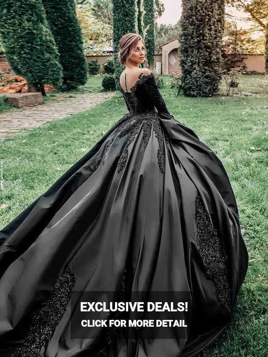 Black Gothic Princess Ballgown Wedding With Sheer Neckline, Satin ...