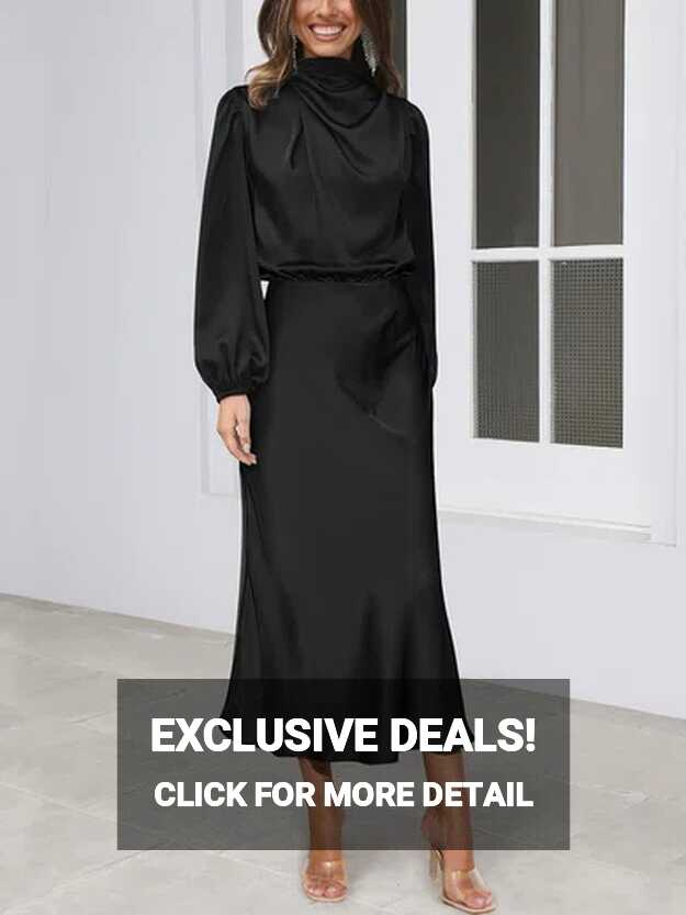 Black High Neck Long Sleeve Satin Maxi Dress - millybridal.org