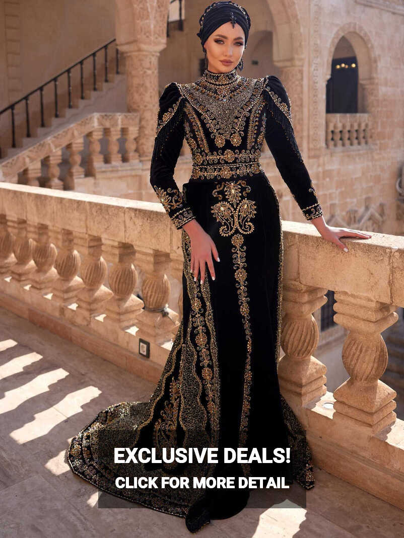 Black Islamic Muslim Sequin Long Mermaid Fancy Wedding Dress ...