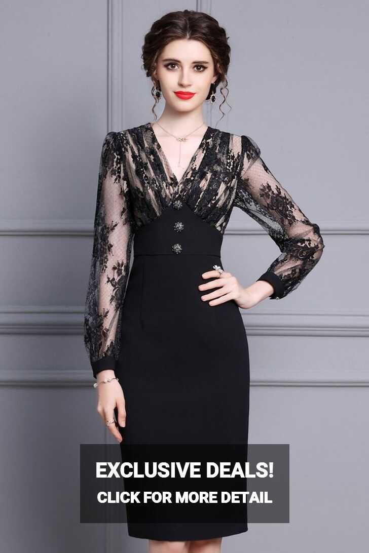 Black Knee Length Bodycon Party Dress with Sheer Sleeves