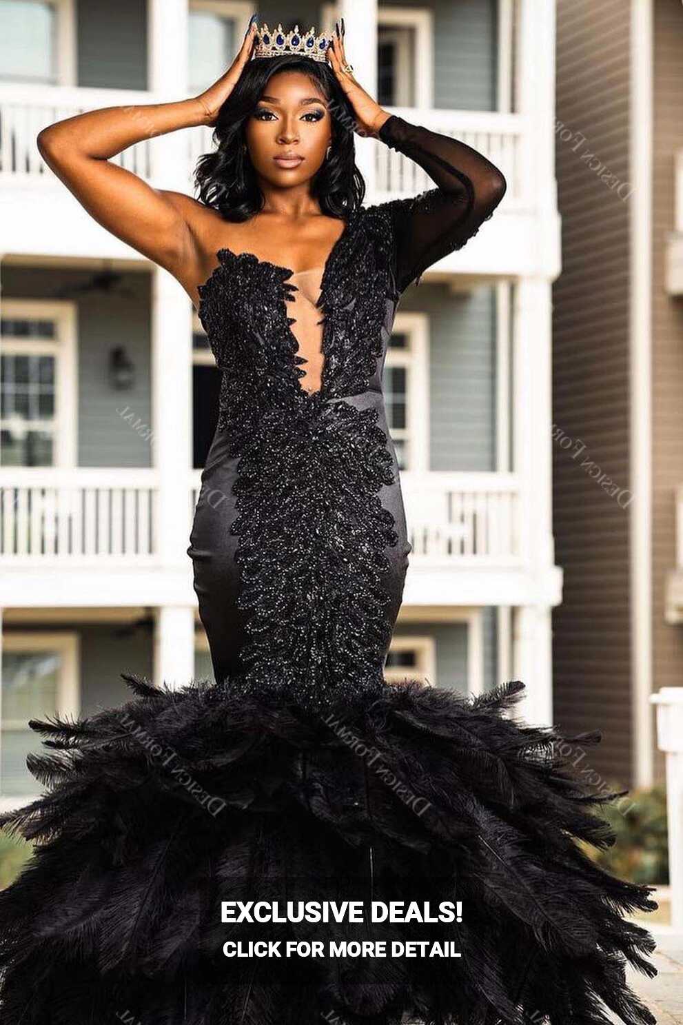 Black Lace Illusion One Sleeve Feather Custom Made Prom Dress