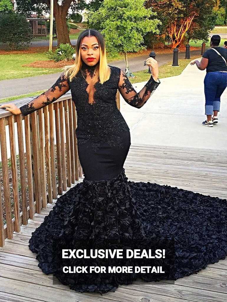 Black Lace Long Sleeves Mermaid Prom Dresses with Long Train,3366 ...