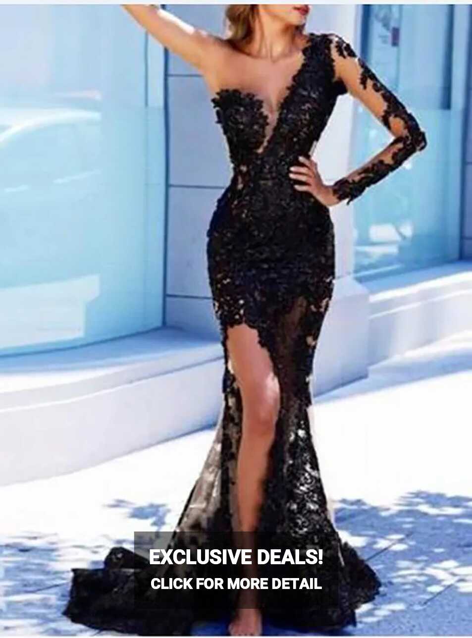 Black Lace One Shoulder Mermaid Sexy Black Evening Gown With High ...