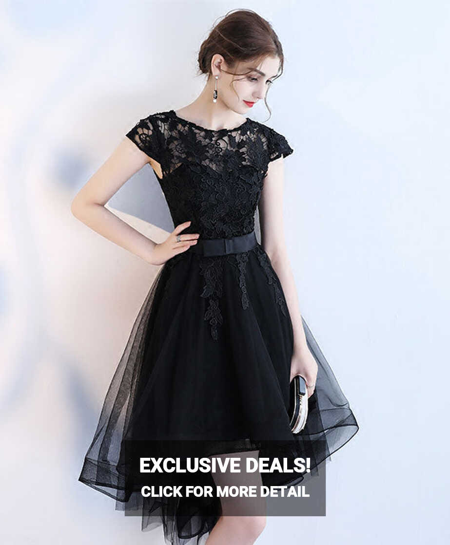 Black Lace Short Prom Dress, Hight Low Evening Dress – shopluu