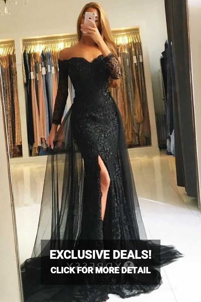 Black Lace Tulle Overlay Sleeved Slit Formal Dress - Xdressy