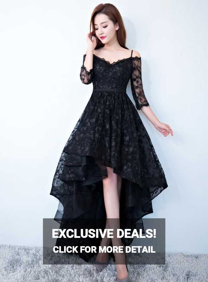 Black Lace V-neckline Straps High Low Party Dress Homecoming Dress ...