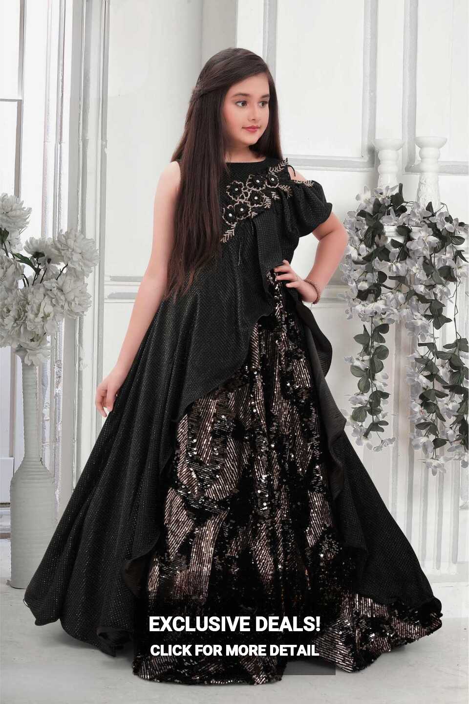 Black Layered Full Length Gown With Ruffle Pattern And Gold ...