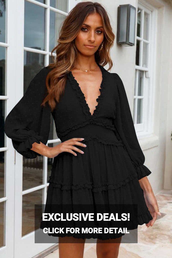 Black Layered Ruffled Open Back Puff Sleeve Swiss Dot Mini Dress ...