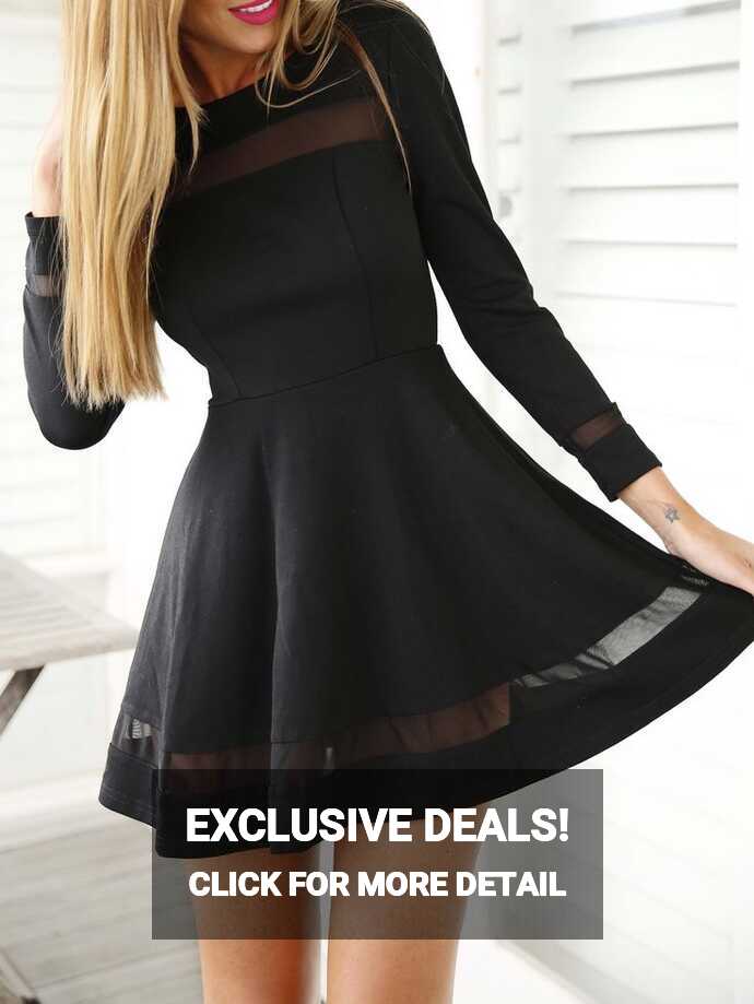 Black Long Sleeve Contrast Mesh Yoke Flare Dress