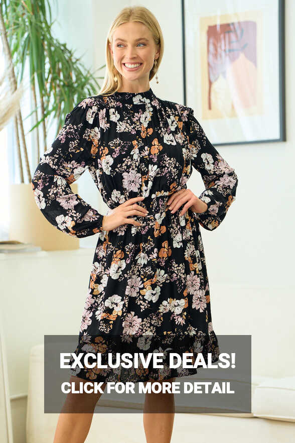 Black Long Sleeve Floral Short Dress for $39.99 – The Dress Outlet