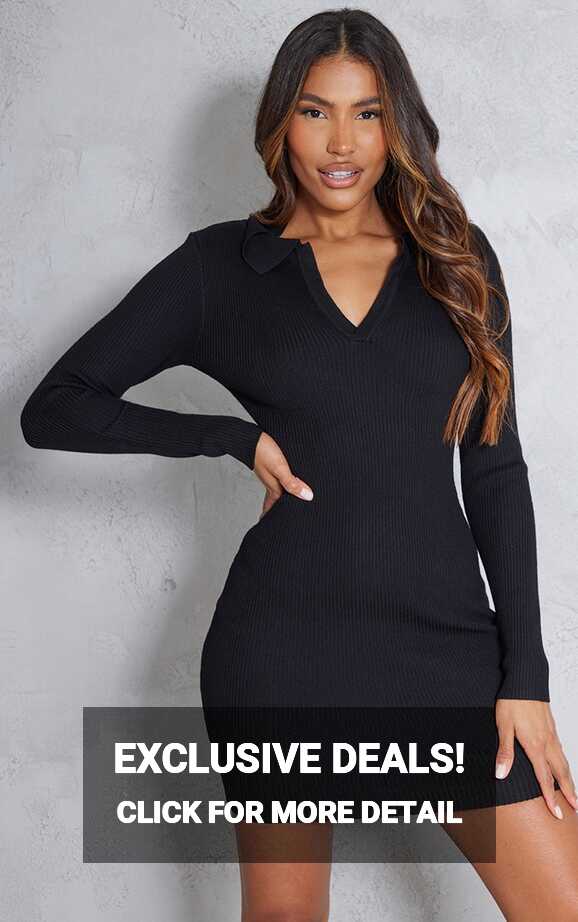 Black Long Sleeve Rib Knitted Bodycon Mini Dress ...