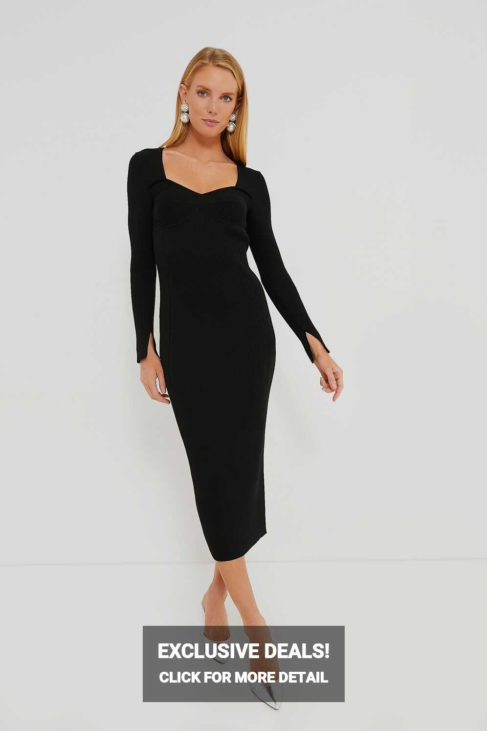 Black Long Sleeve Sculpted Midi Dress | Moon River