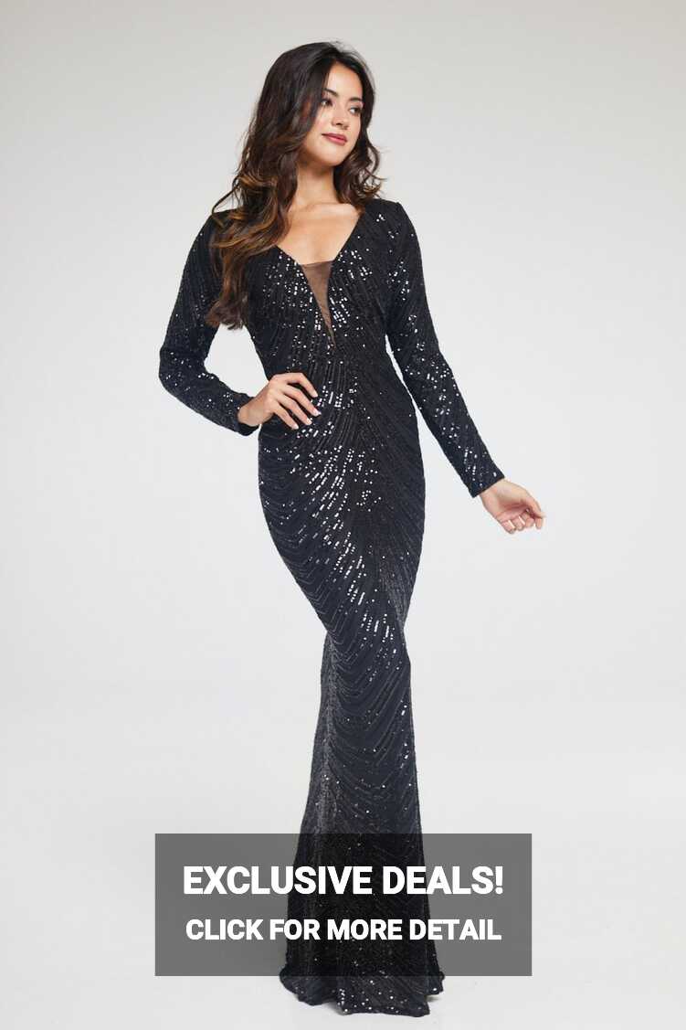 Black Long Sleeve Sequin Maxi Dress - Sale from Yumi UK