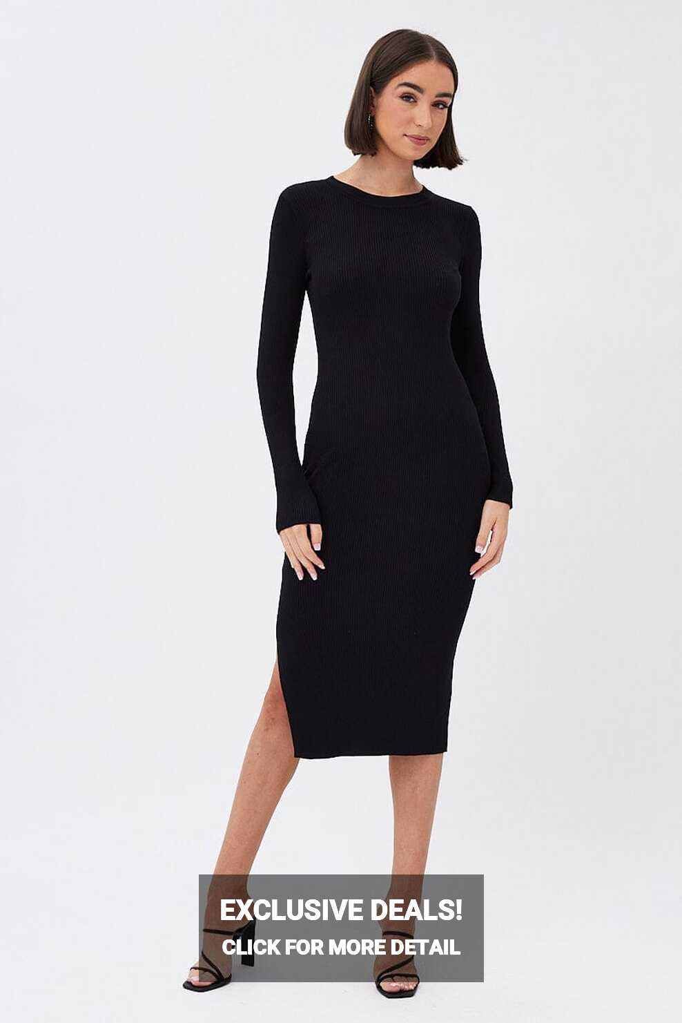 Black Midi Dress Long Sleeve Round Neck Rib Knitted | Ally Fashion