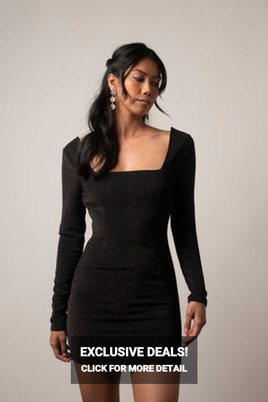 Black Mini Dress - Long Sleeve Bodycon Dress - Square Neck Knit Dress