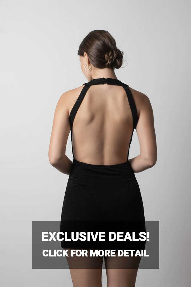 Black Mini Dress - Open Back Bodycon Dress - Halter Neck Dress