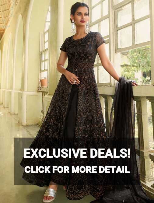 Black Net Semi Stitched Designer Gown Style Suit Online FABANZA