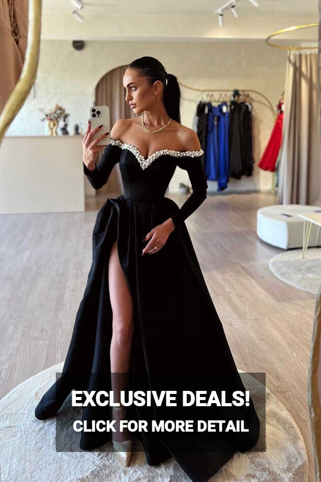 Black Off the Shoulder Pearls Long Sleeve Prom Dress, Elegant Evening