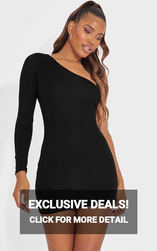 Black One Shoulder Long Sleeve Bodycon Dress | PrettyLittleThing USA