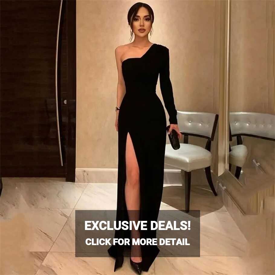 Black One Shoulder One Sleeve Evening Gown With Long Sleeves And ...