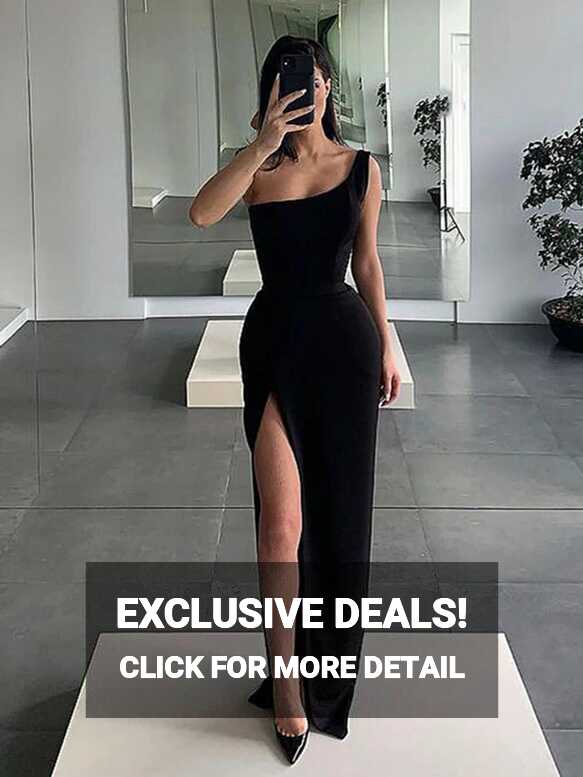 Black One Shoulder Prom Dress with High Leg Slit, One Shoulder ...