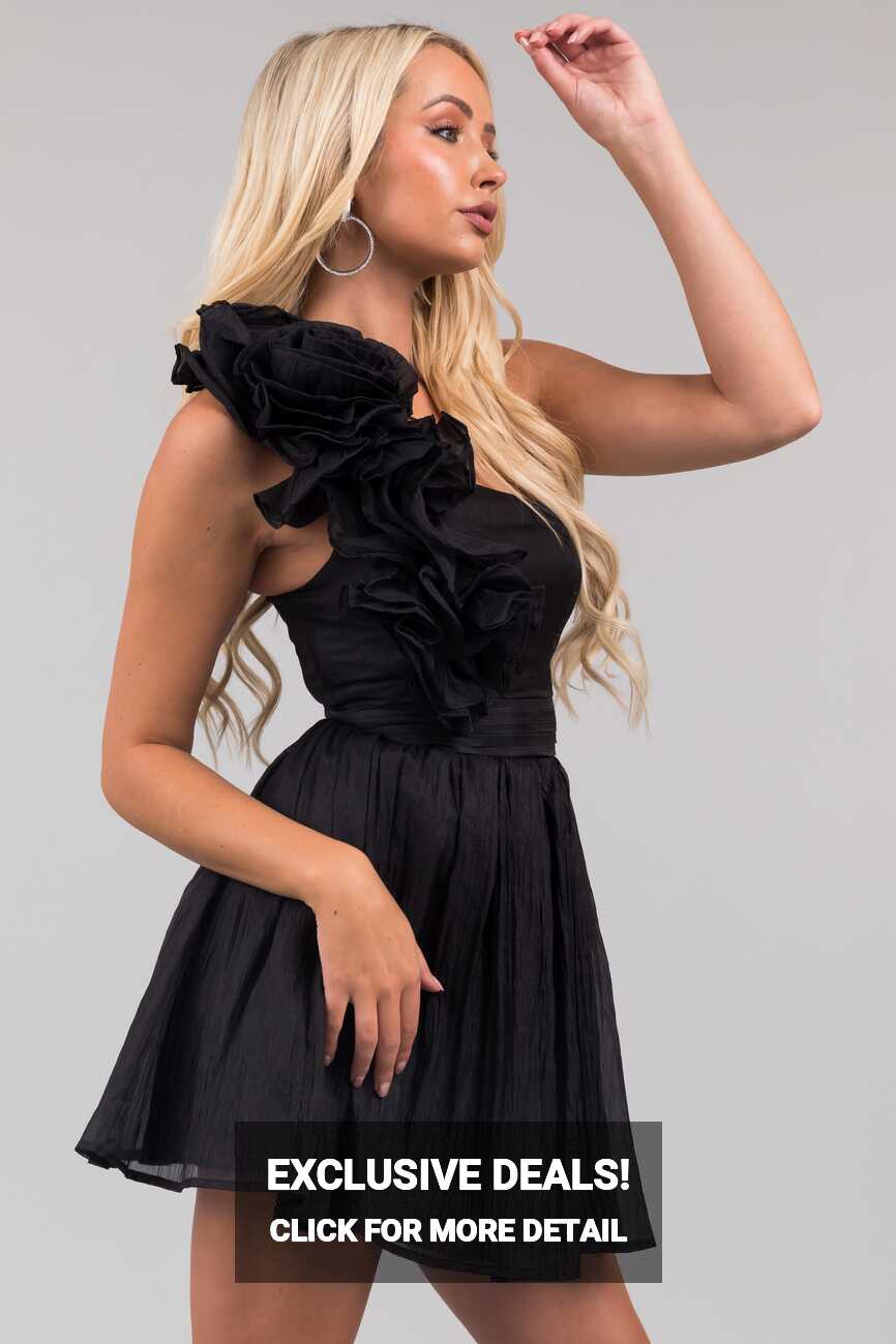 Black One Shoulder Ruffle Short Dress | Lime Lush