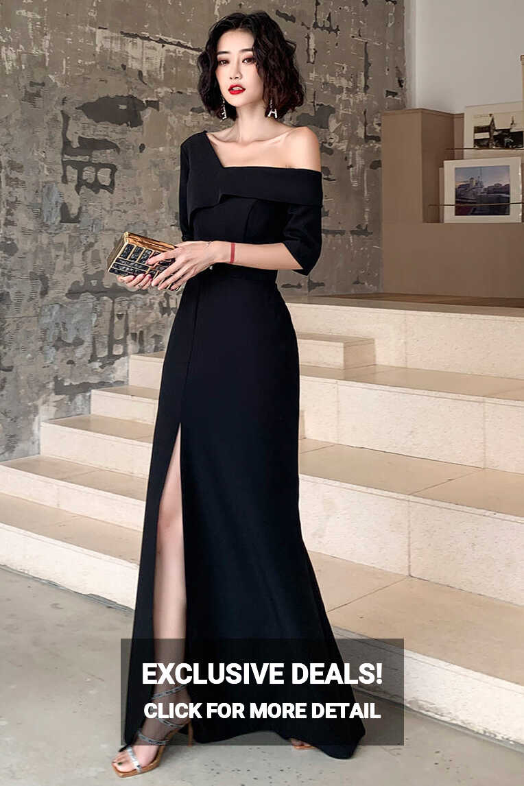 Black One Shoulder Slit Long Evening Dress, Black Formal Dress ...