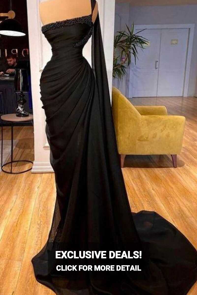 Black One-shoulder Beaded Glamorous Prom Dress - TheCelebrityDresses