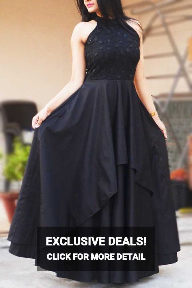 Black Padded Double Flair Embroidered Dress