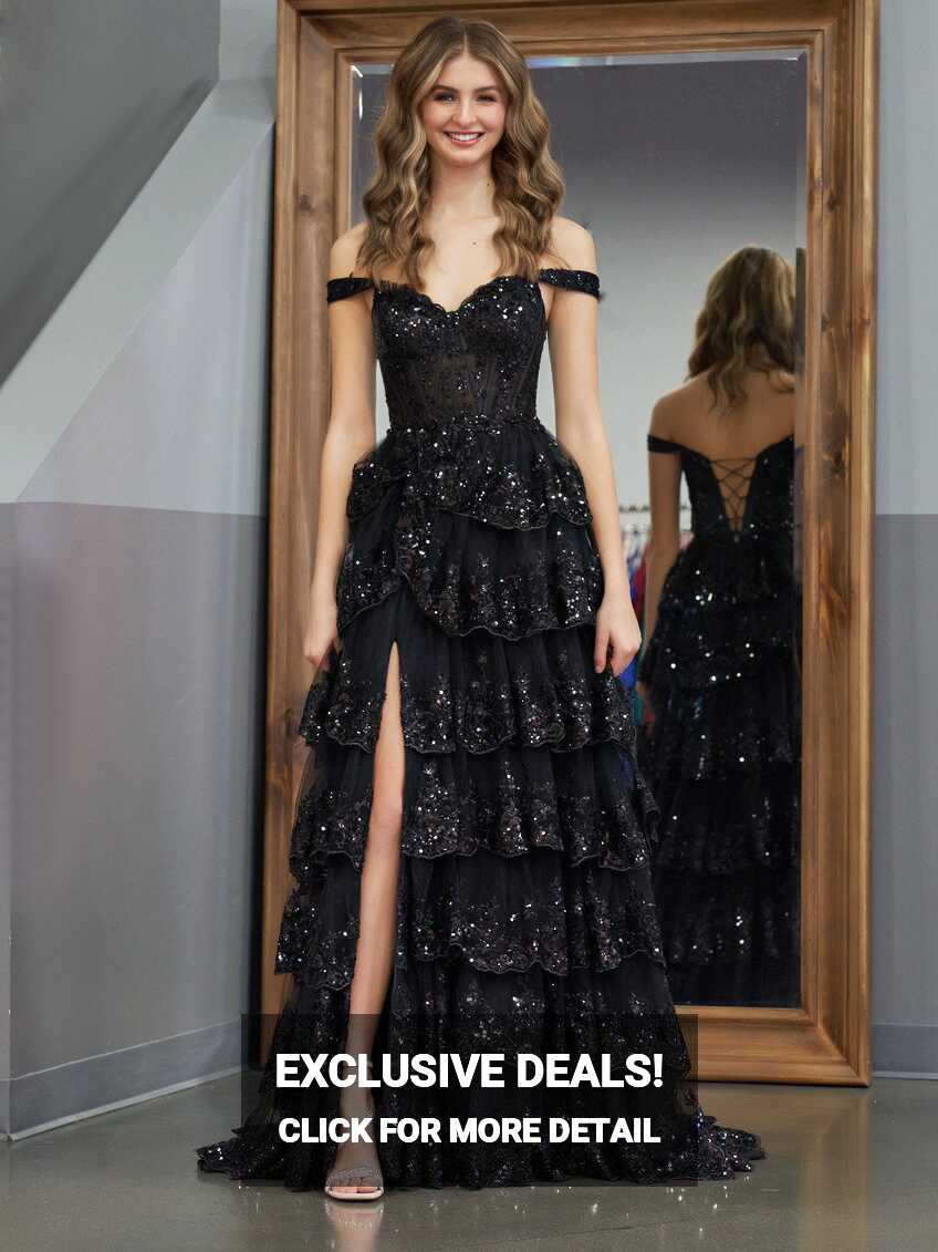 Black Princess A Line Off the Shoulder Corset Prom Dress with Lace ...