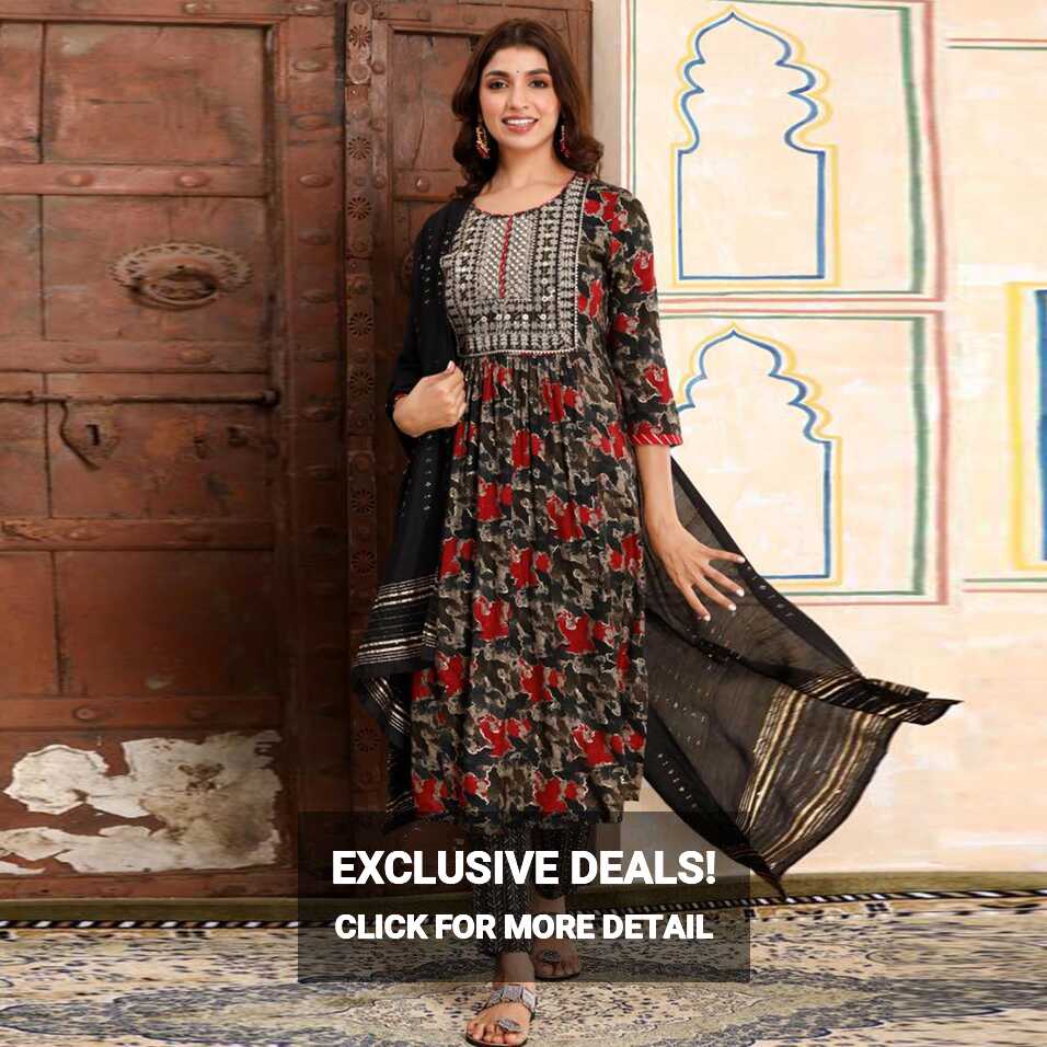 Black Printed &amp; Embroidered Rayon Naira Cut Suit