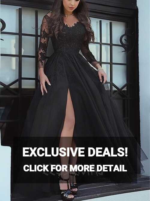 Black Prom Dress with Sleeves,Tulle Evening Dress with Slit ...