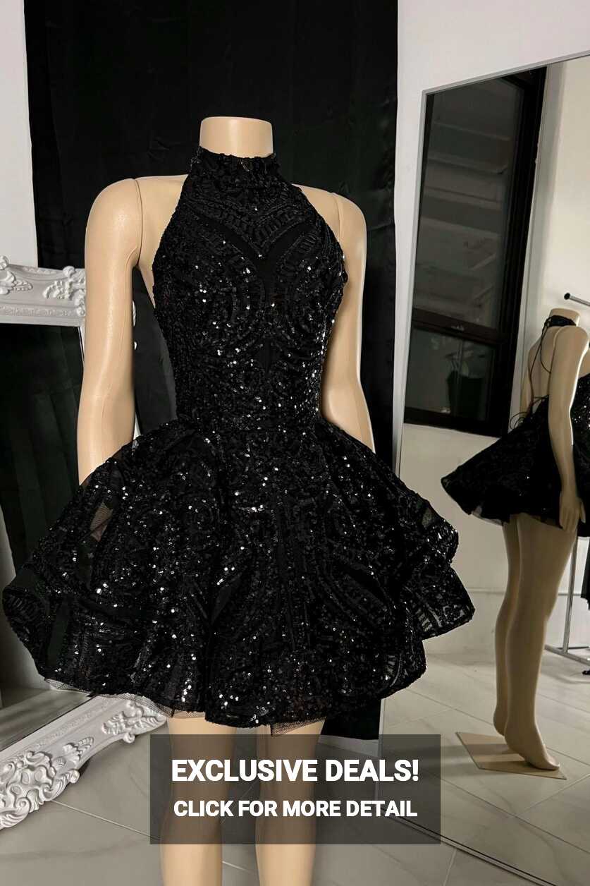 Black Prom Dresses Short Lace Applique Sparkly Birthday Party ...