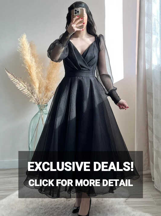 Black Prom Dresses V-Neck Puffy Sleeves A-Line Evening Gown