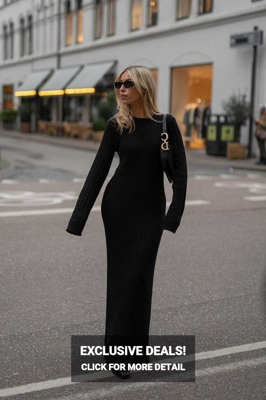 Black Ribbed Detail Knitted Maxi Dress