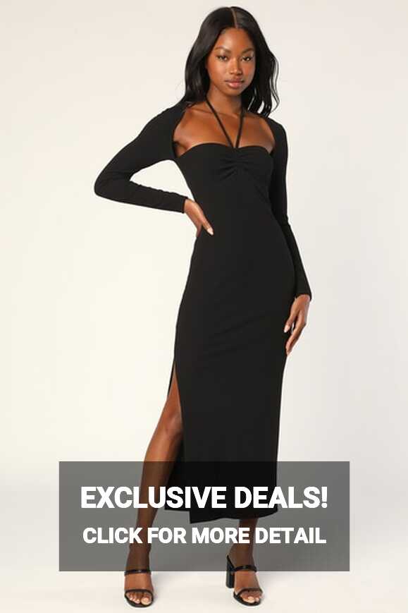 Black Ribbed Knit Dress - Long Sleeve Halter Dress - Midi Dress ...