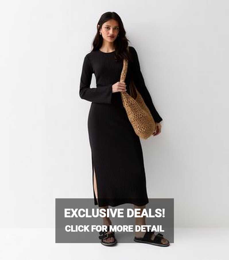 Black Ribbed Knit Long Sleeve Split Hem Midi Dress | New Look